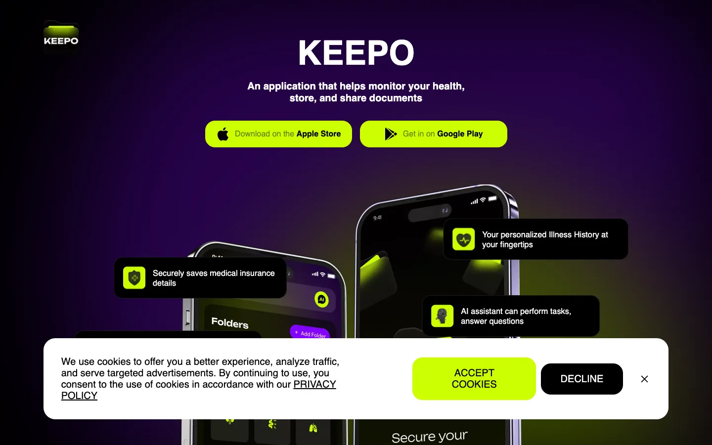 Screenshot of the Keepo - AI health tracker & assistant homepage