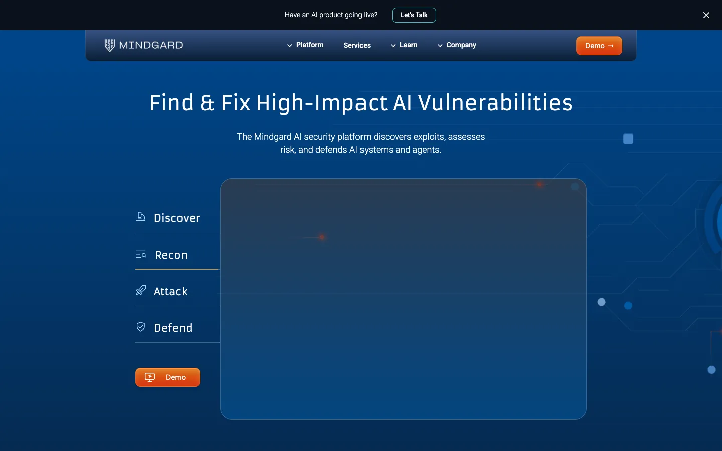 Screenshot of the Mindgard homepage