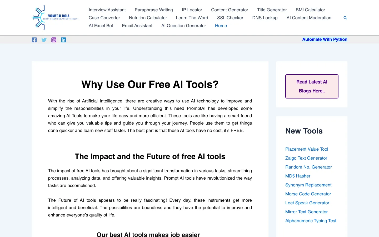 Screenshot of the PromptAI Tools homepage