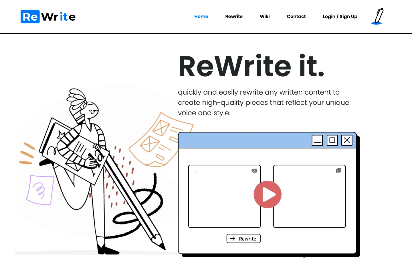 Screenshot of the ReWriteIt AI homepage