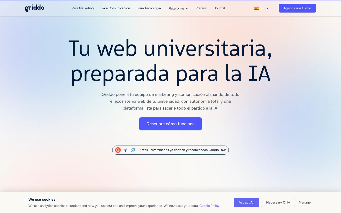 Screenshot of the griddo homepage