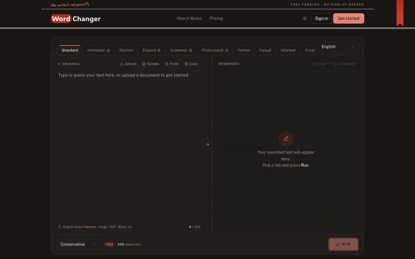 Screenshot of the Word Changer homepage