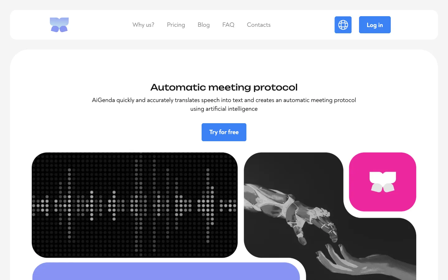 Screenshot of the AiGenda homepage