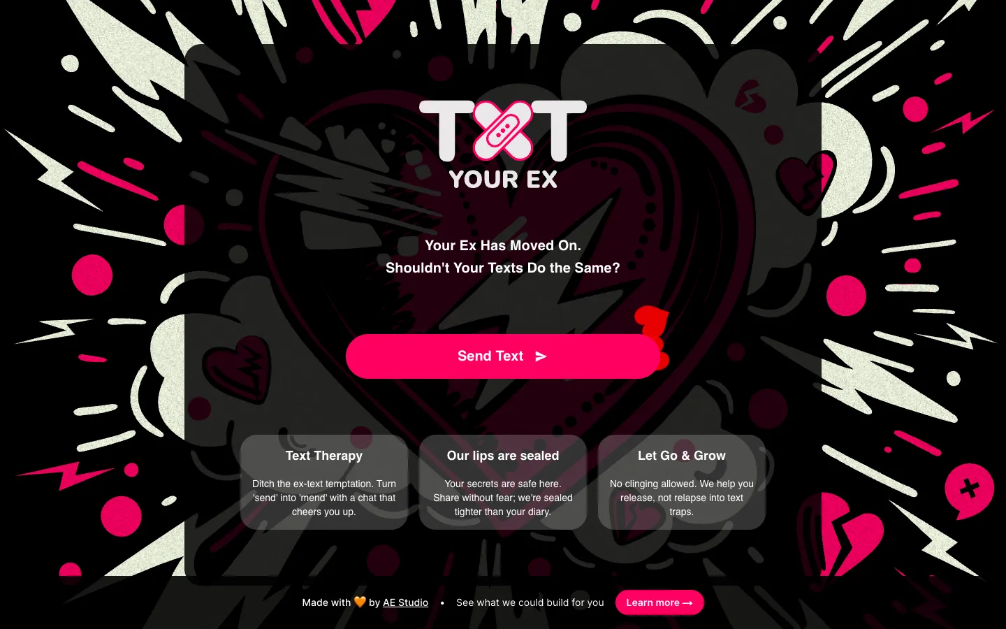 Screenshot of the Txt Your Ex homepage