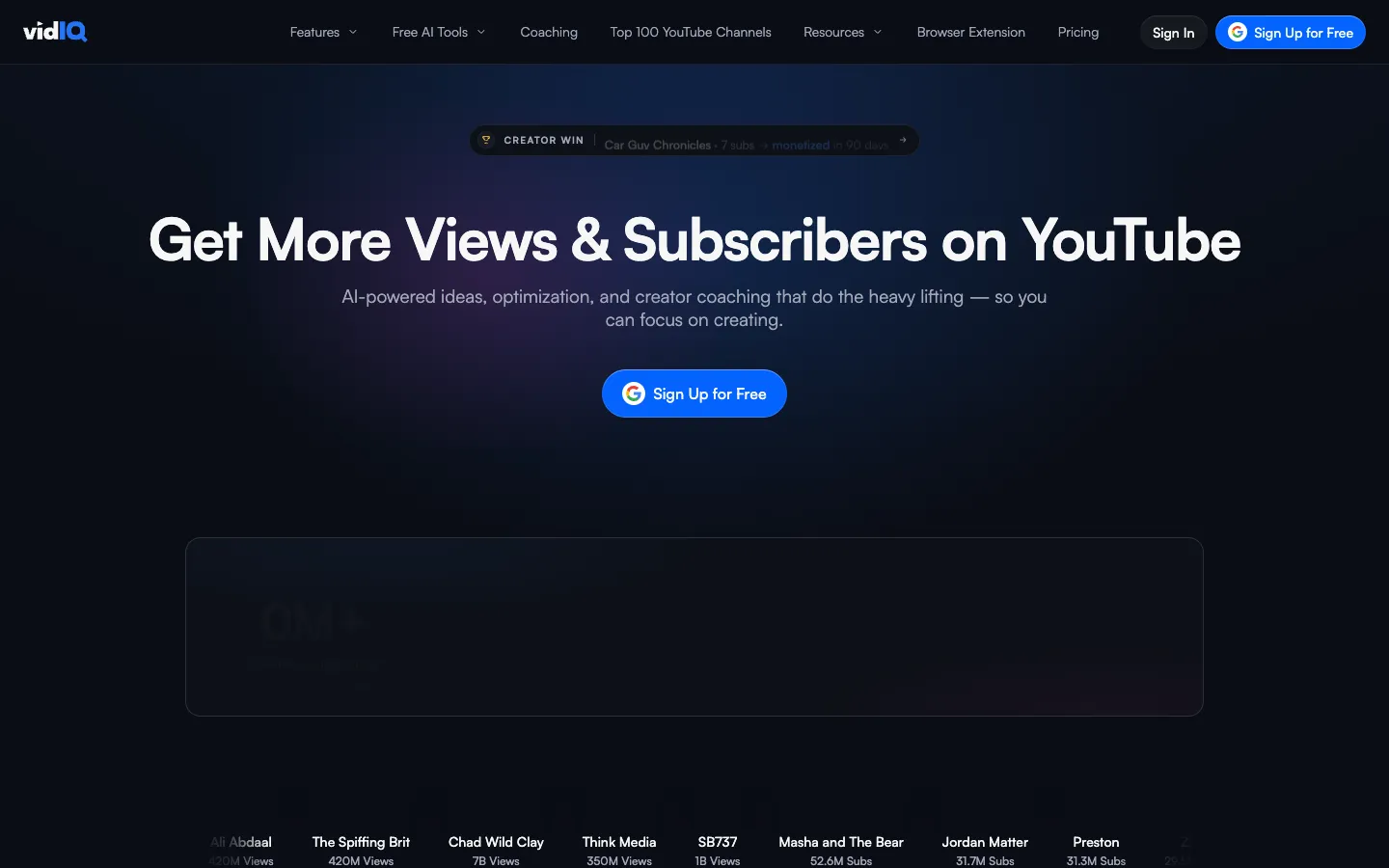 Screenshot of the VidIq homepage