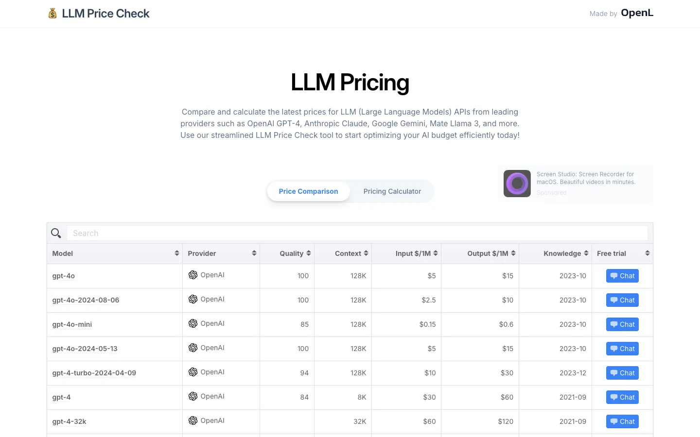 Screenshot of the LLM Price Check homepage