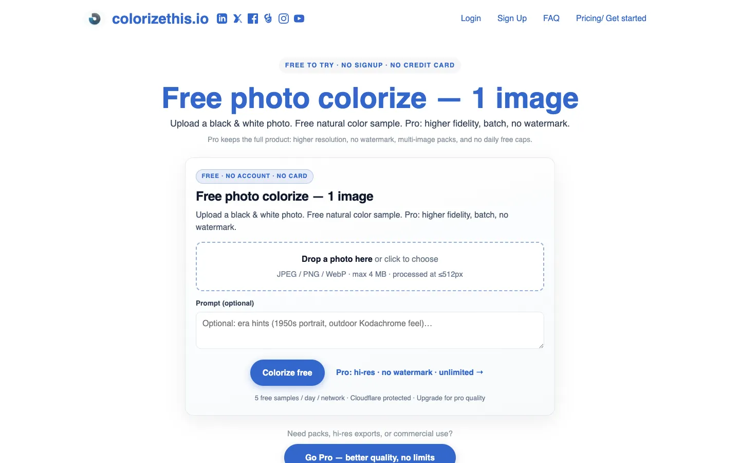 Screenshot of the Colorize black and white photos w AI homepage