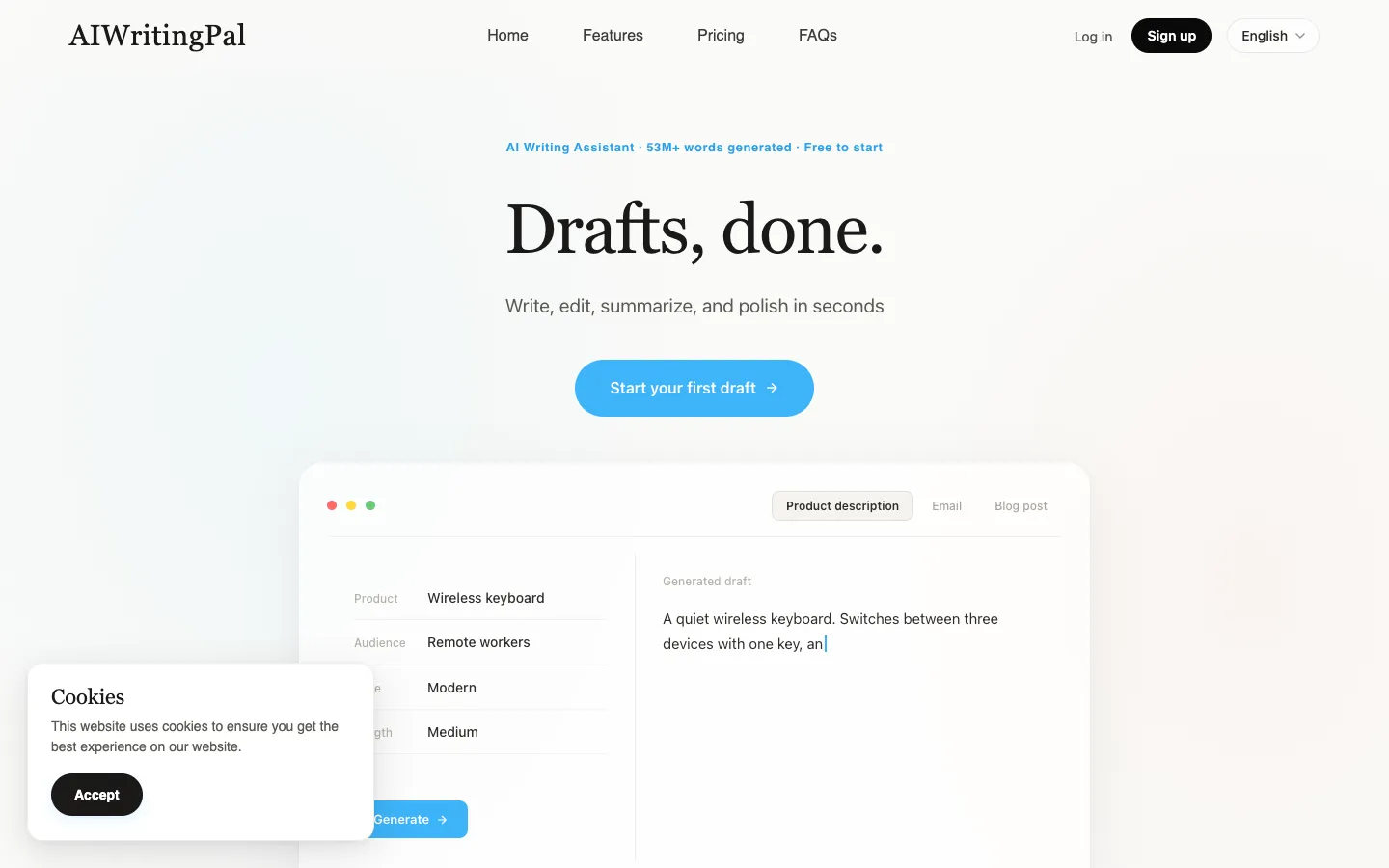 Screenshot of the AIWritingPal 智写助手 homepage