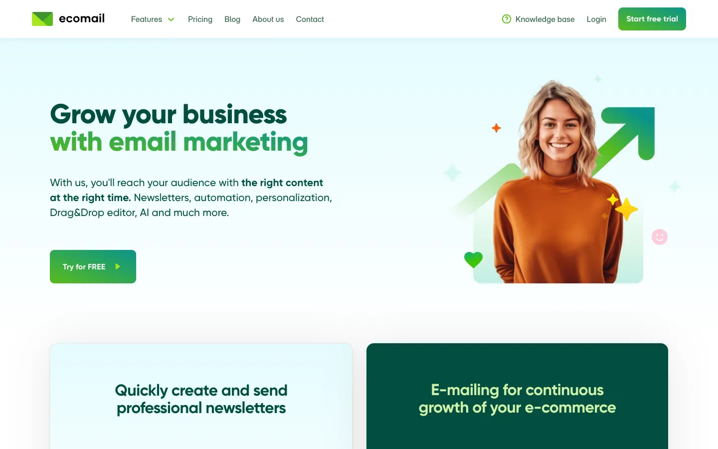 Screenshot of the Ecomail homepage