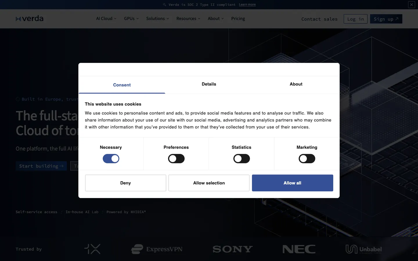 Screenshot of the Takomo homepage