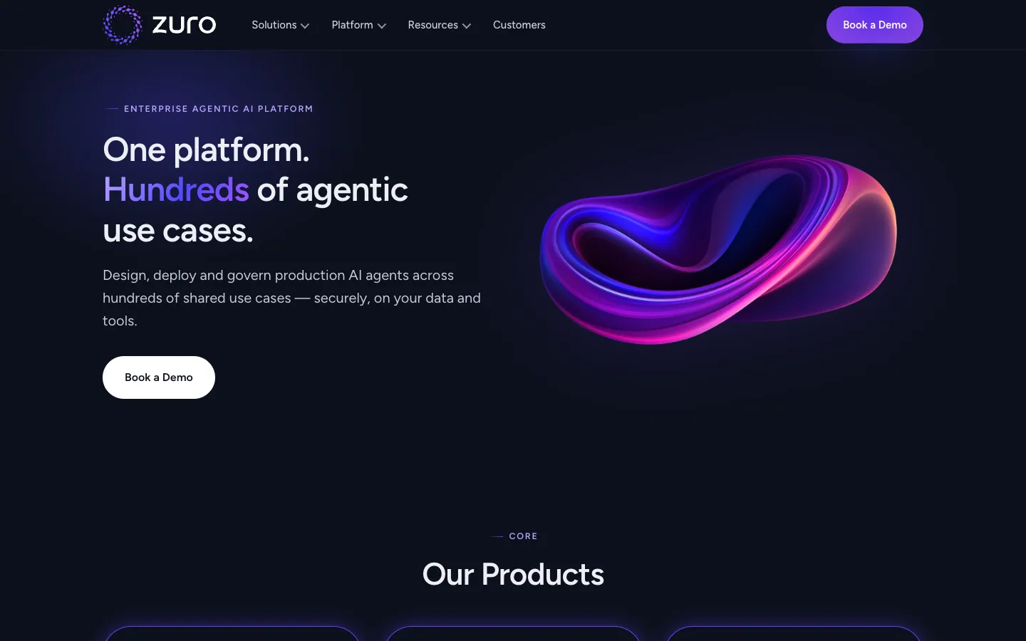 Screenshot of the Zuro homepage