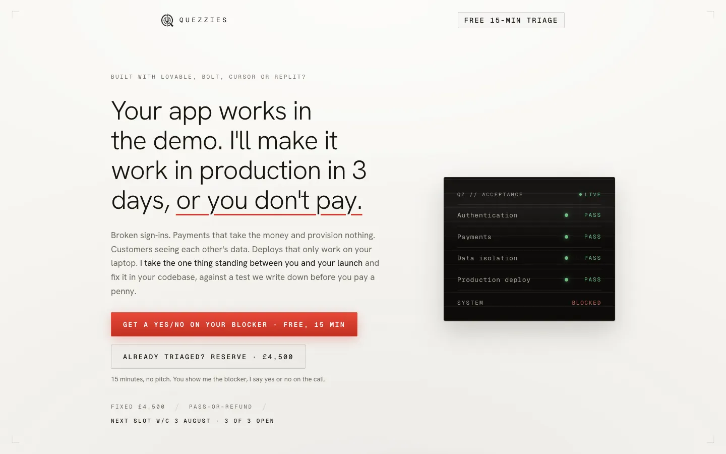Screenshot of the Quezzies homepage