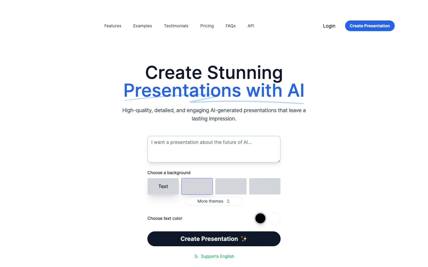 Screenshot of the PresentationGPT homepage