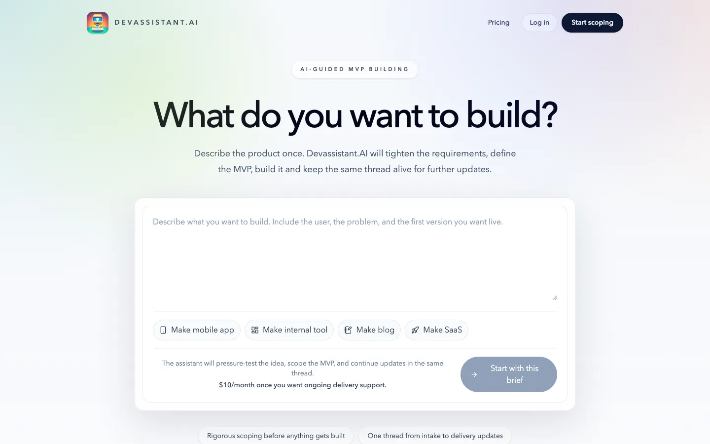 Screenshot of the DevAssistant.AI homepage