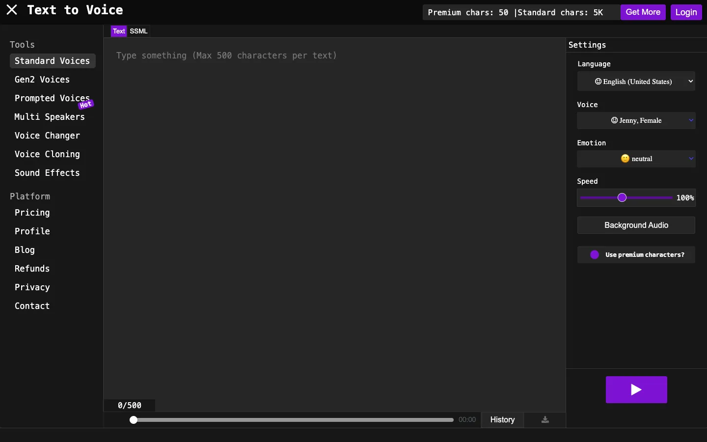 Screenshot of the Texttovoice.online homepage