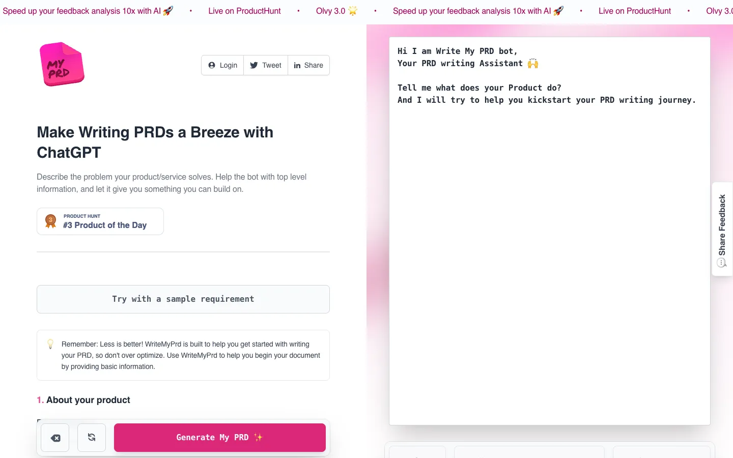 Screenshot of the WriteMyPRD homepage