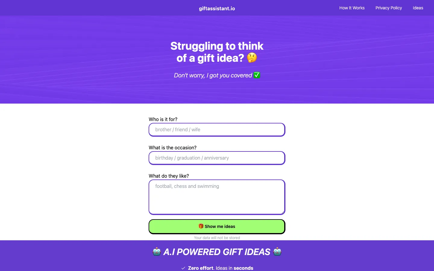 Screenshot of the GiftAssistant homepage