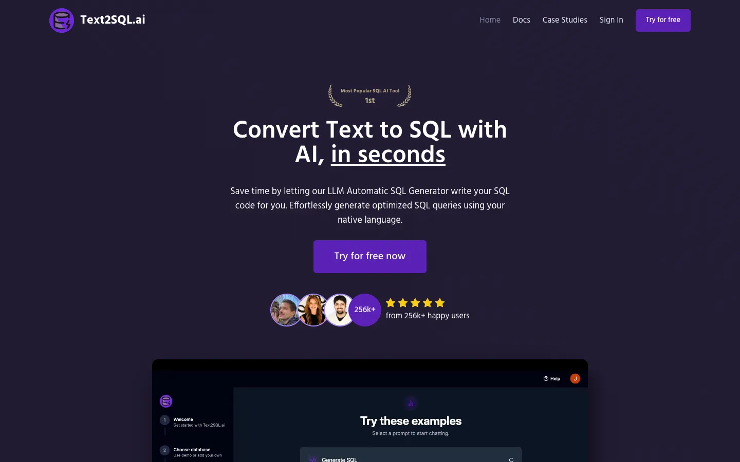 Screenshot of the Text2SQL.AI homepage