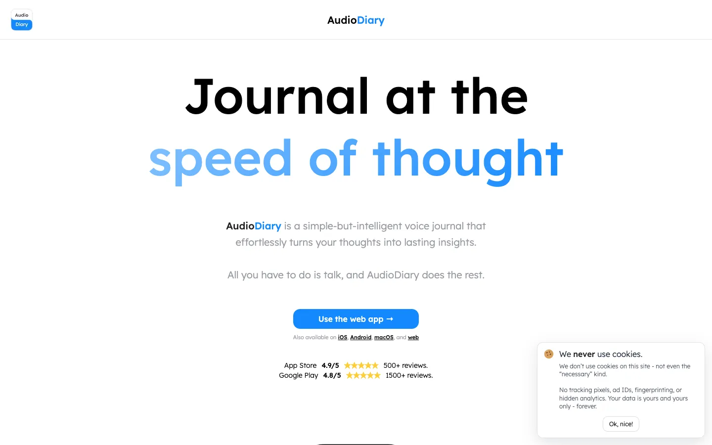 Screenshot of the Audio Diary homepage