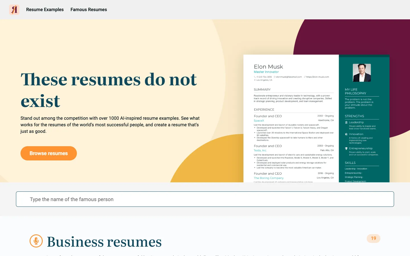 Screenshot of the ChatGPT Famous Resumes homepage