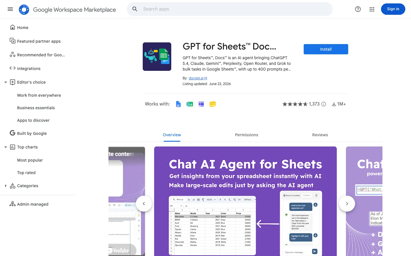 Screenshot of the DocGPT AI Writer for Docs homepage
