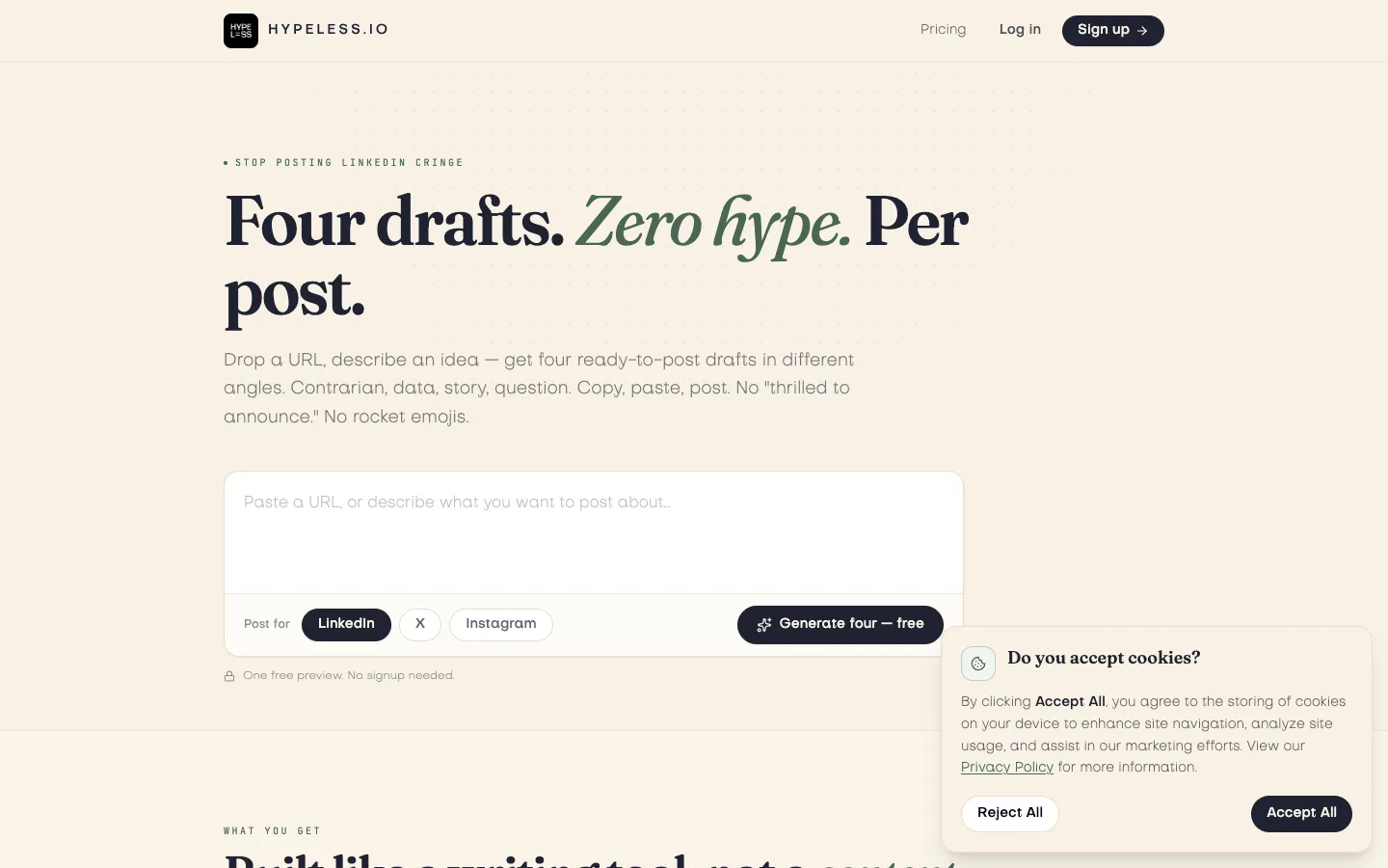 Screenshot of the Hypeless homepage