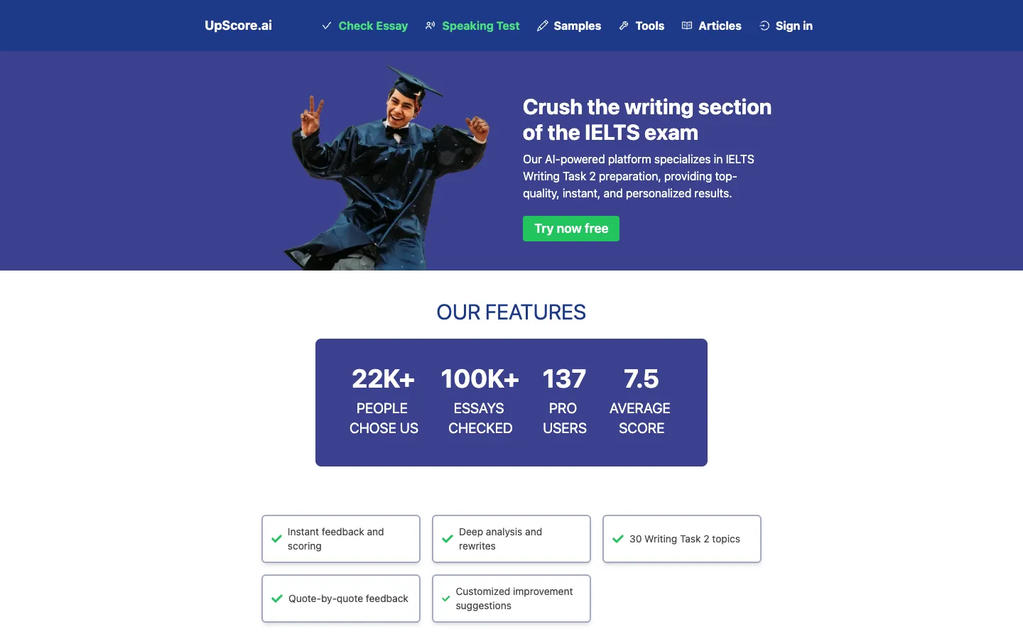 Screenshot of the UpScore AI homepage