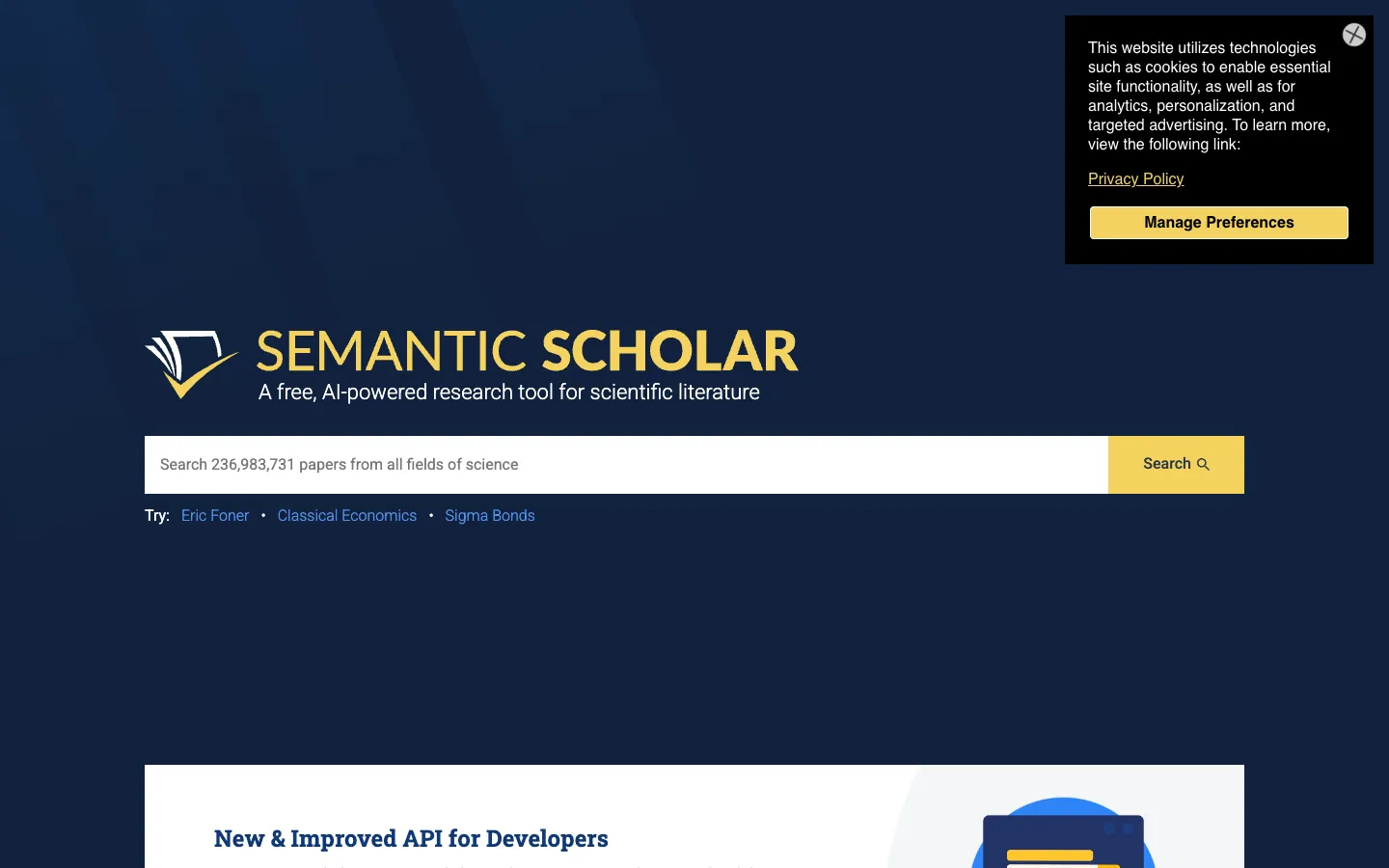 Screenshot of the Semantic Scholar homepage