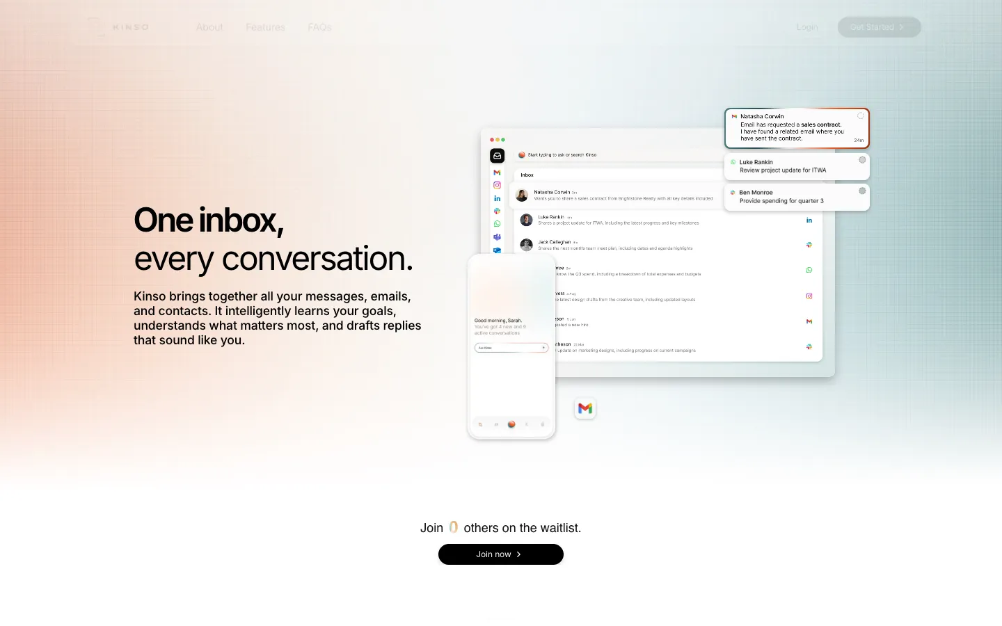 Screenshot of the Kinso AI homepage