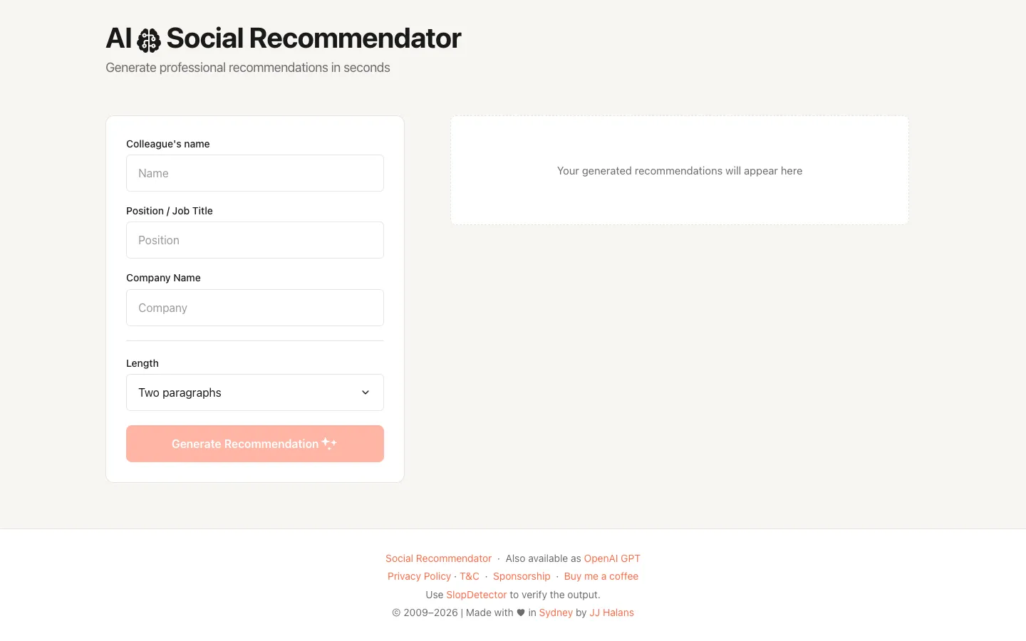 Screenshot of the AI Social Recommendator homepage