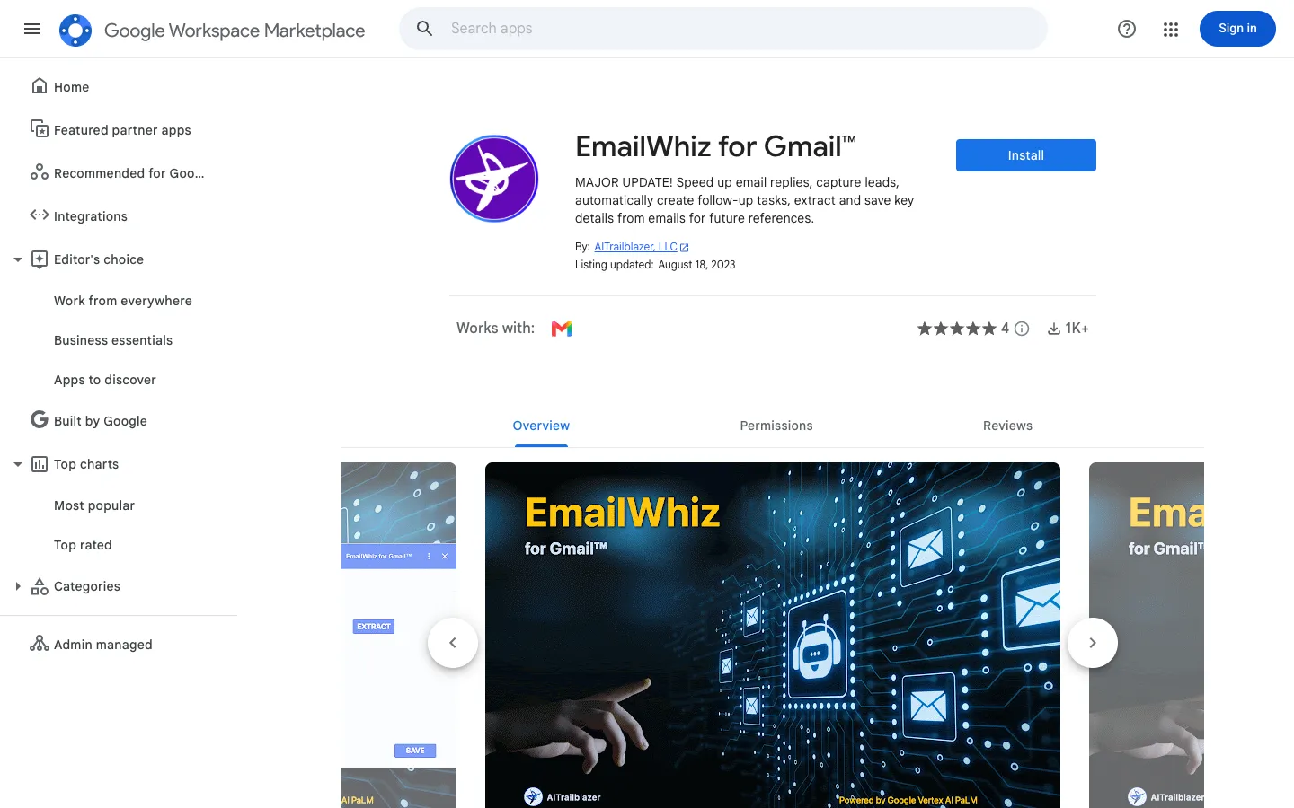 Screenshot of the AIT Contacts Extractor for Gmail™ homepage
