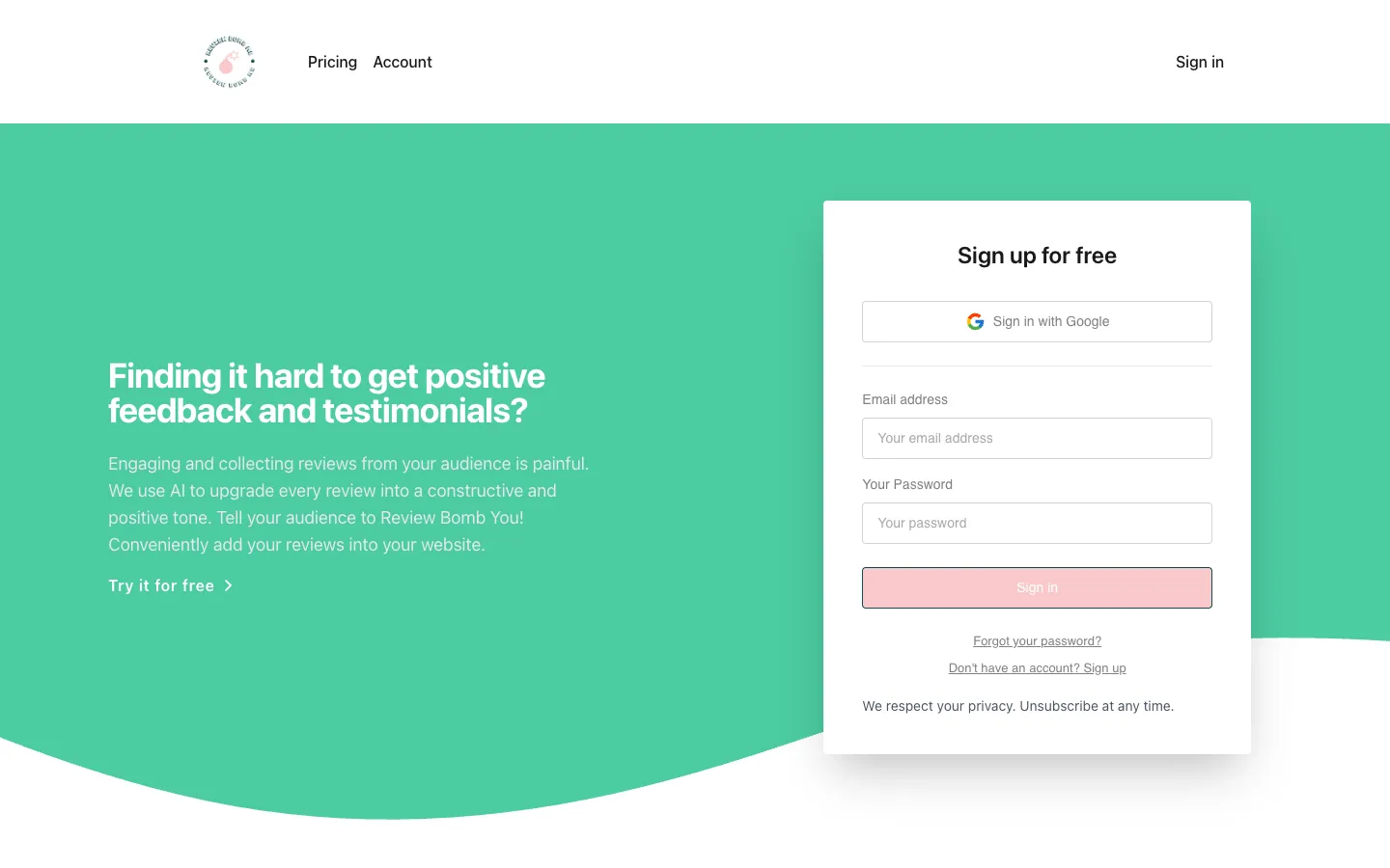 Screenshot of the Review Bomb Me homepage