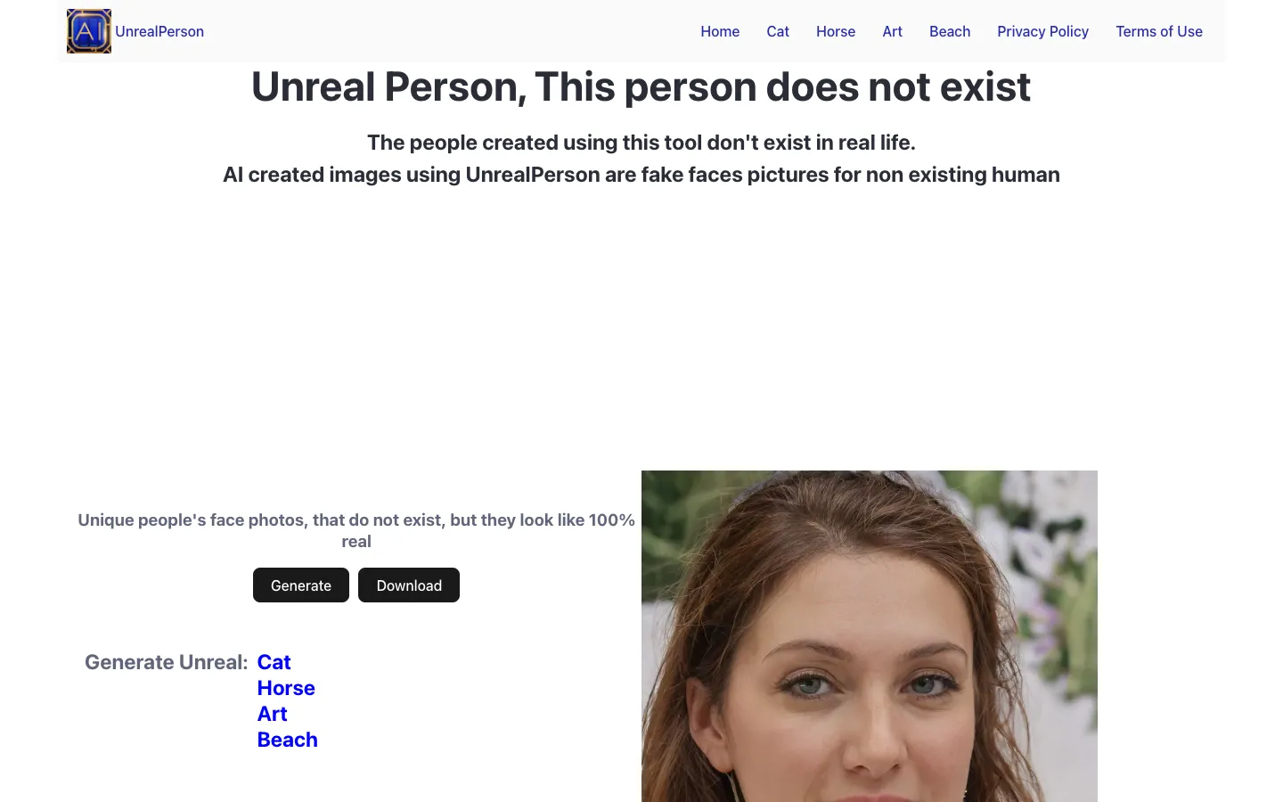 Screenshot of the UnrealPerson homepage