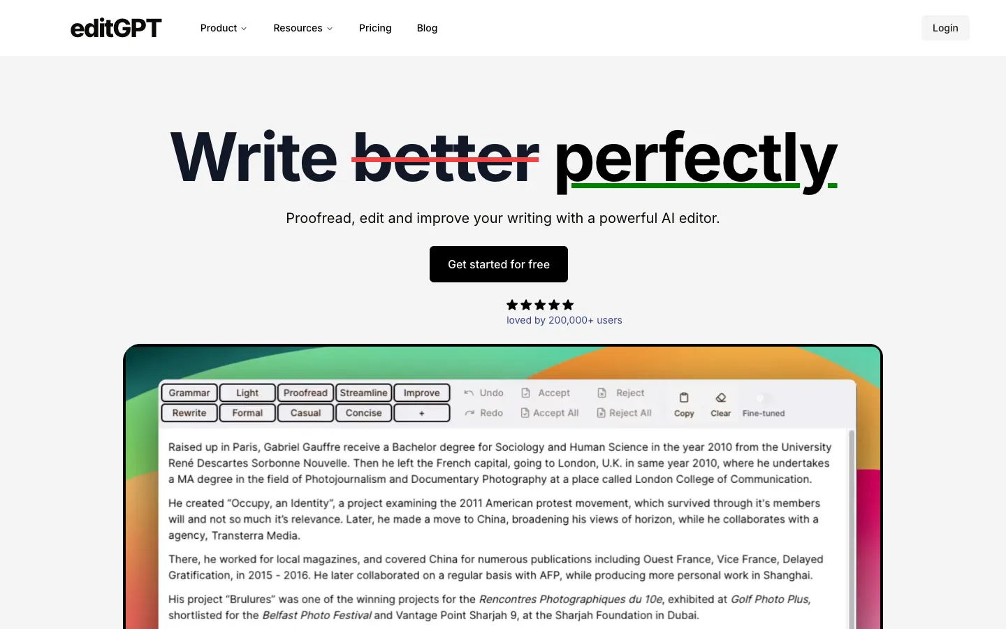 Screenshot of the editGPT homepage
