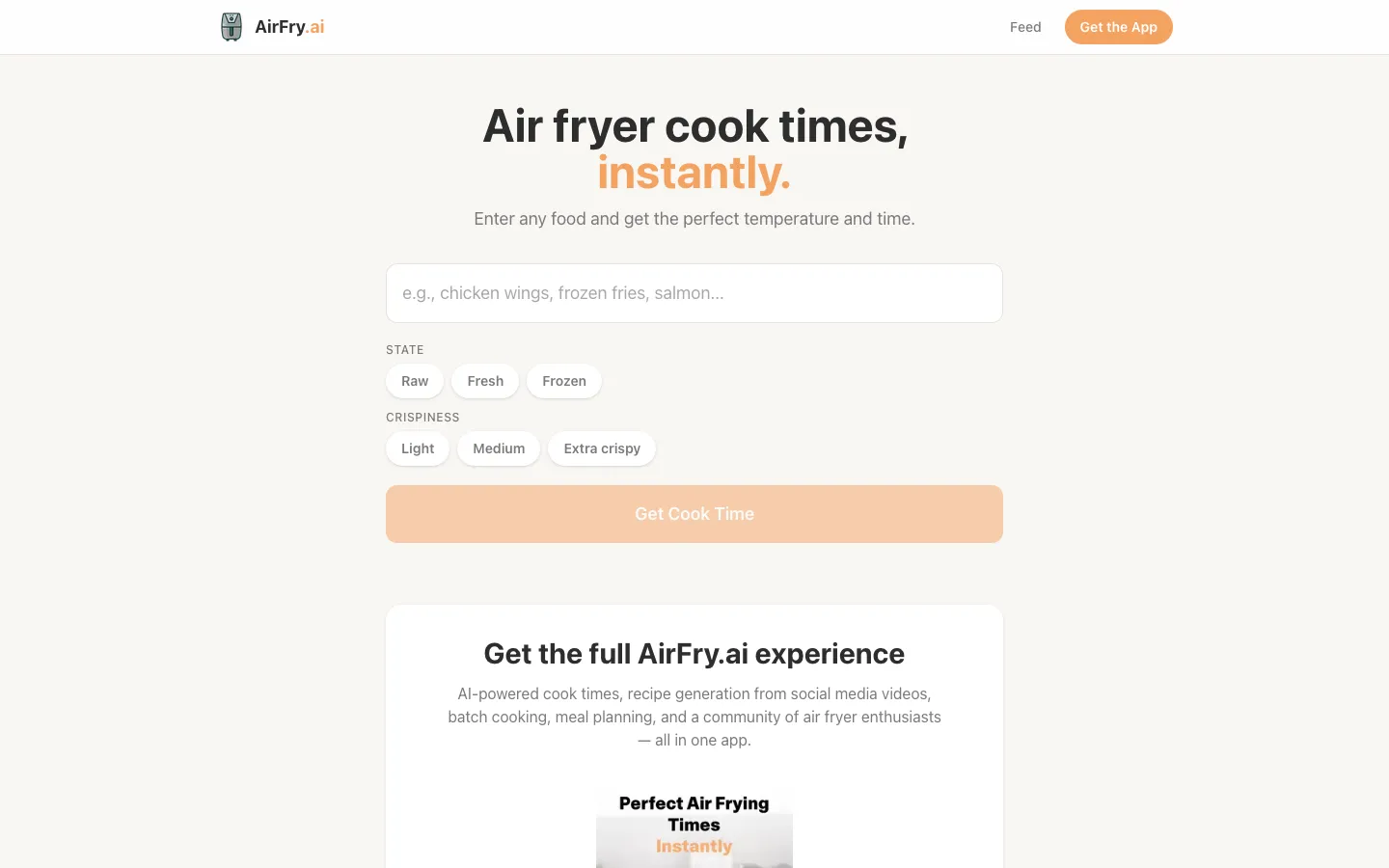 Screenshot of the AirFry.ai homepage