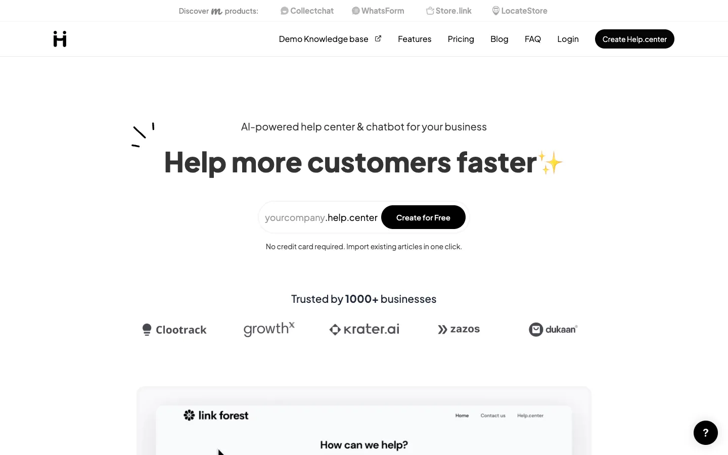 Screenshot of the Help.center homepage