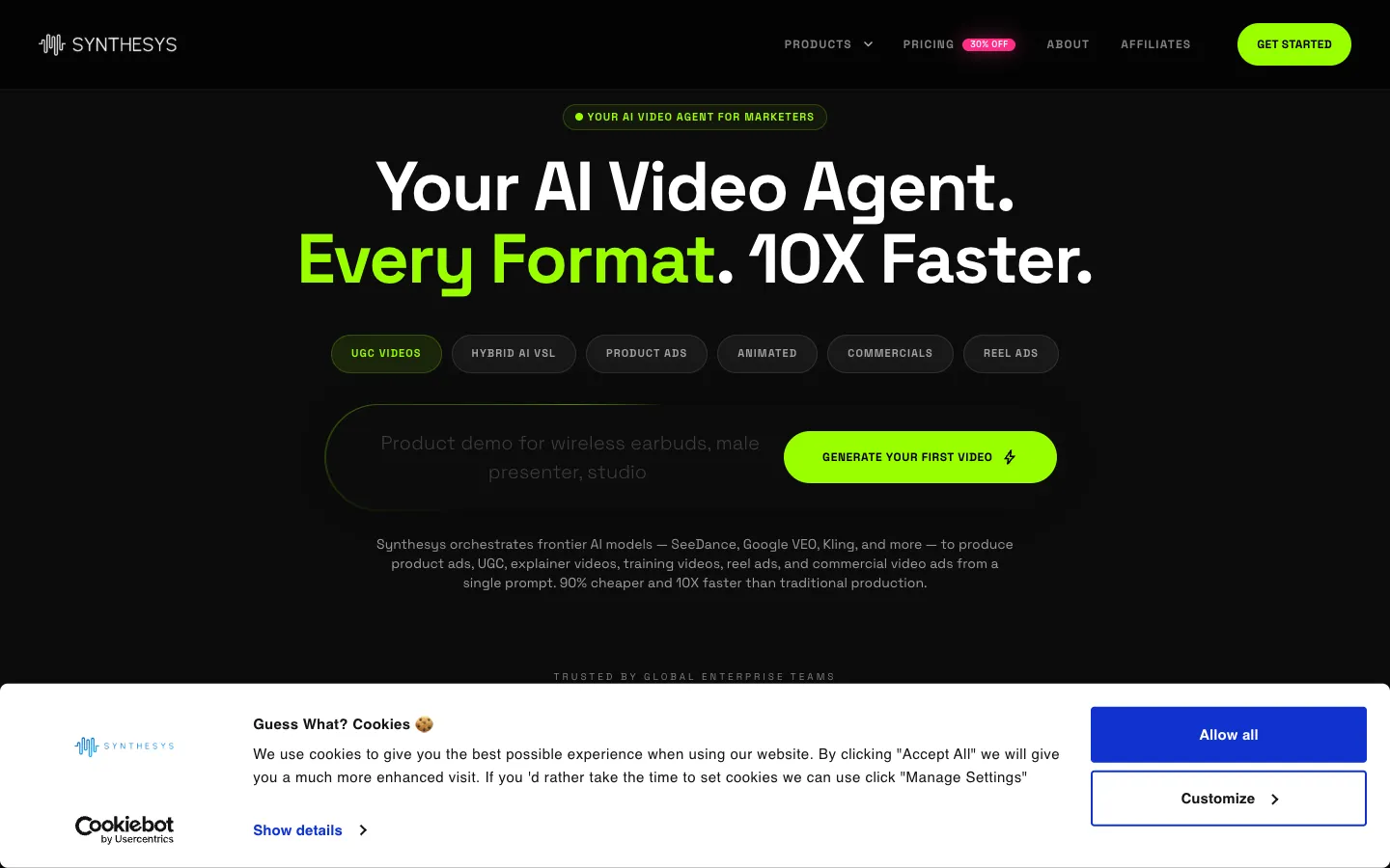 Screenshot of the Synthesys X homepage