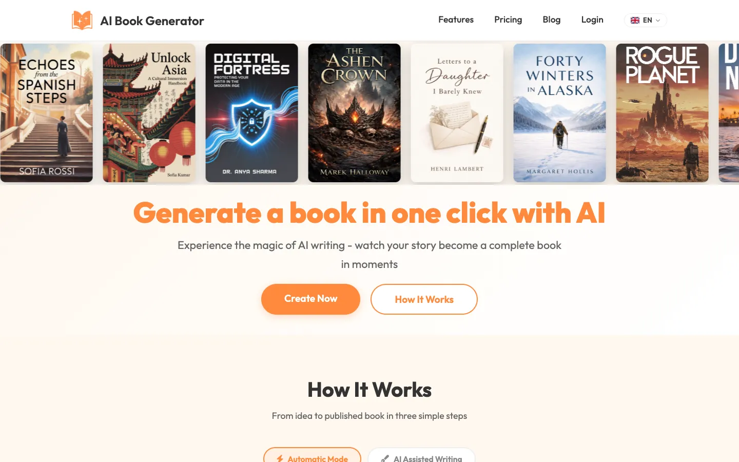 Screenshot of the AI Book Generator homepage