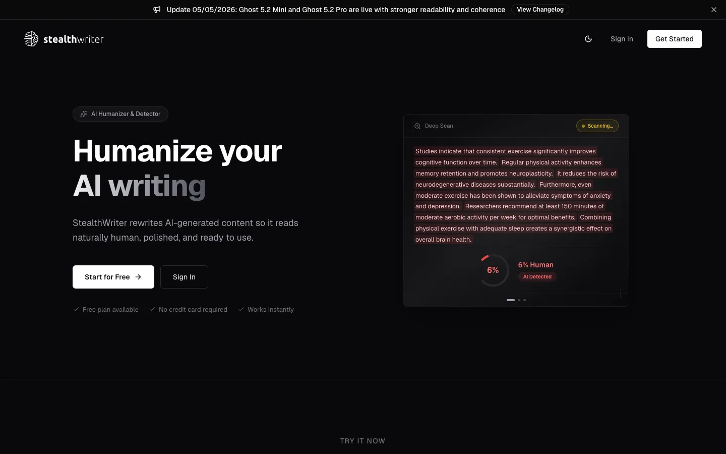 Screenshot of the StealthWriter homepage