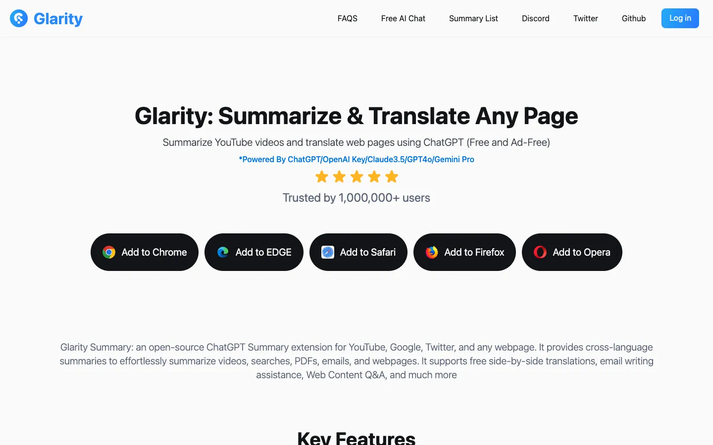 Screenshot of the Glarity - Summarize Google and YouTube homepage