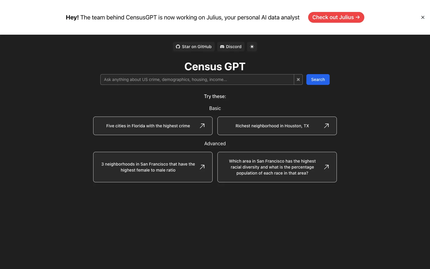 Screenshot of the Census GPT homepage