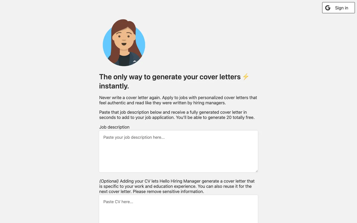 Screenshot of the Hello Hiring Manager homepage