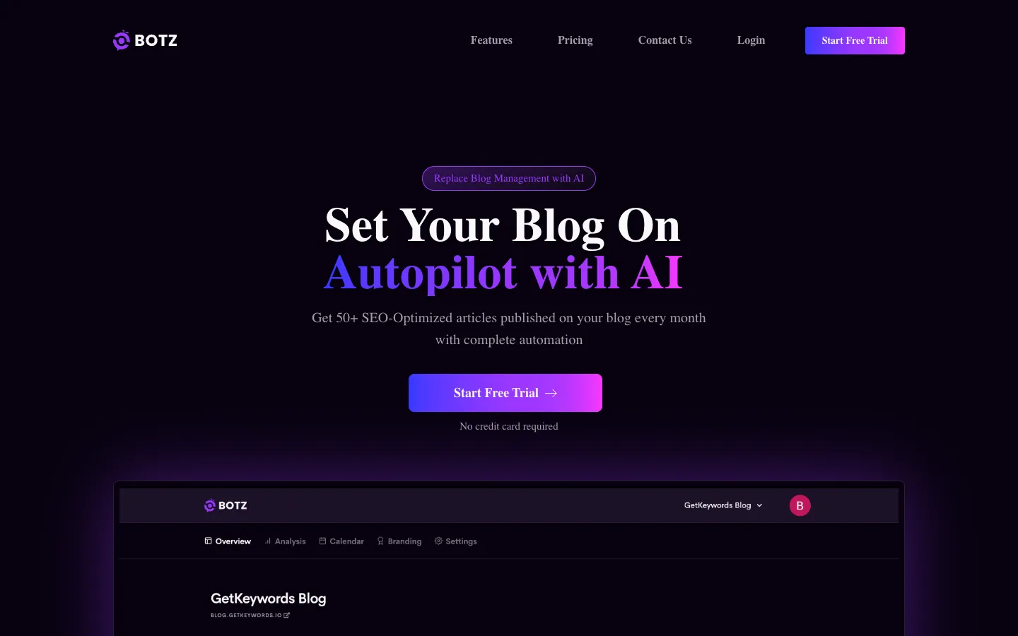Screenshot of the GetBotz homepage