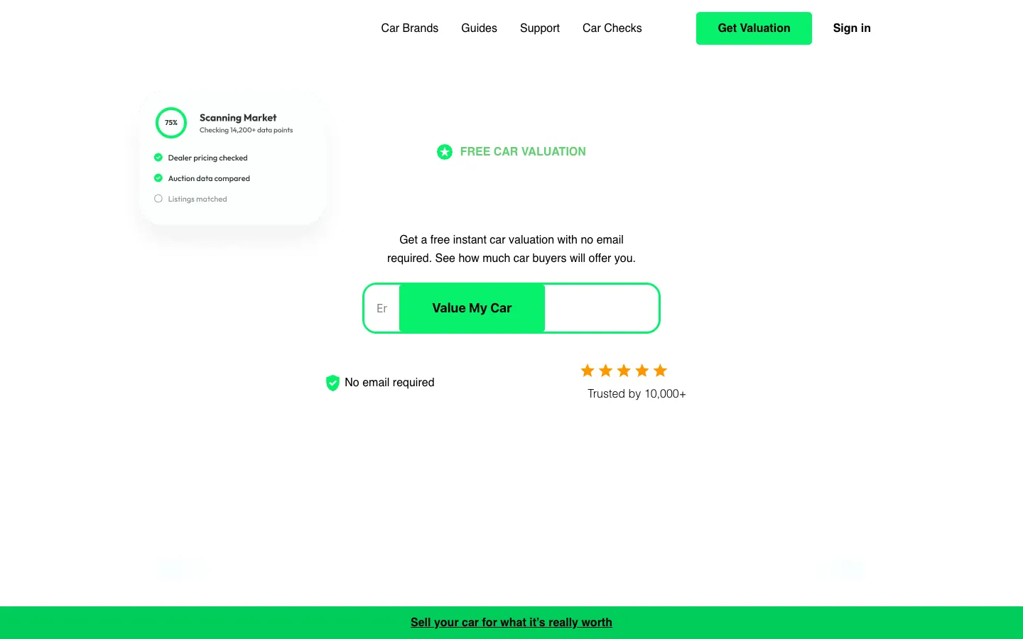 Screenshot of the Value My Car homepage