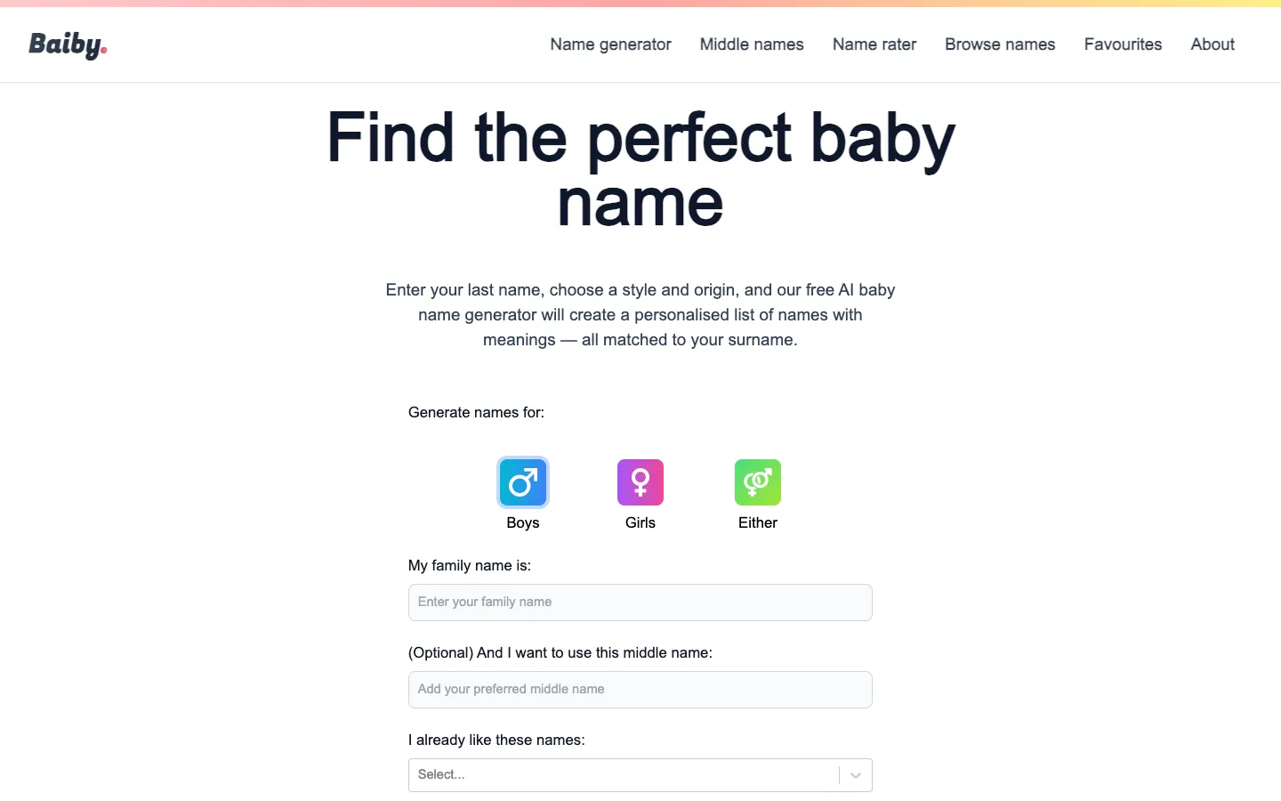 Screenshot of the Baiby - Baby Name Generator homepage