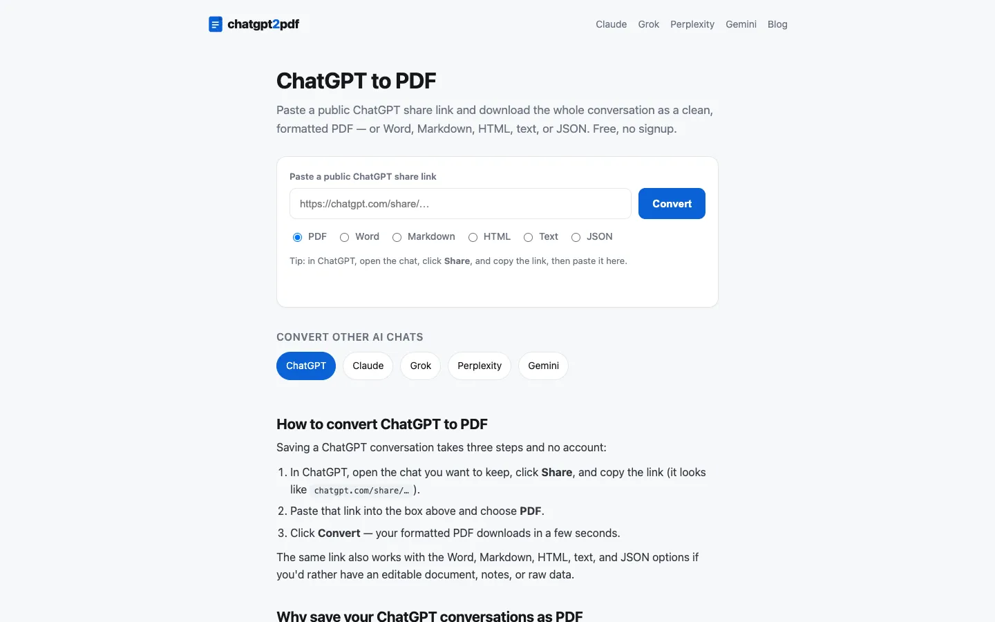 Screenshot of the chatGpt to pdf of chrome plugin homepage