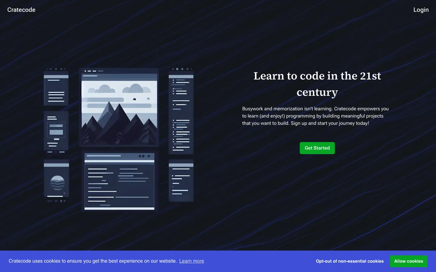 Screenshot of the Cratecode homepage