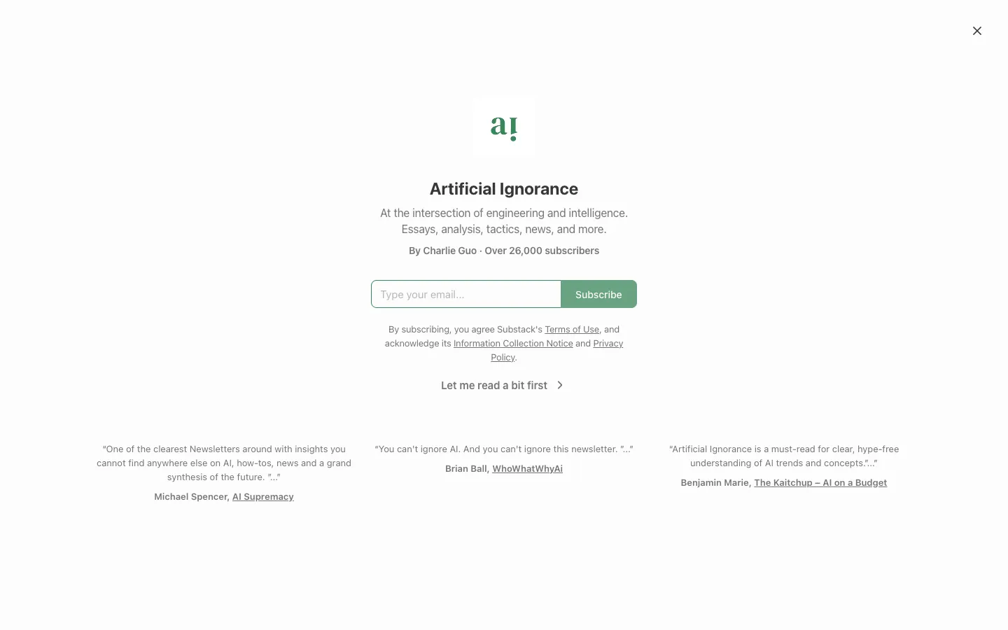 Screenshot of the Artificial Ignorance homepage
