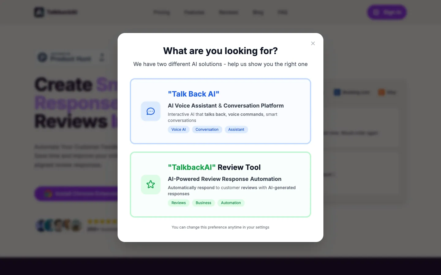 Screenshot of the TalkbackAI homepage