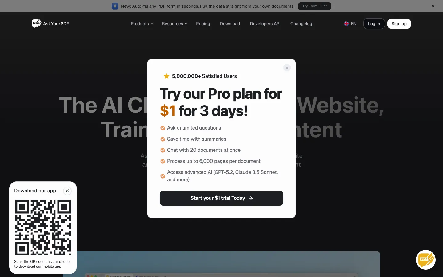 Screenshot of the AskYourPdf homepage